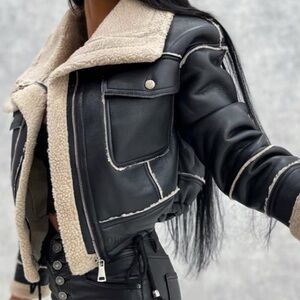 C46-Women's Black and Cream Shearling Jacket